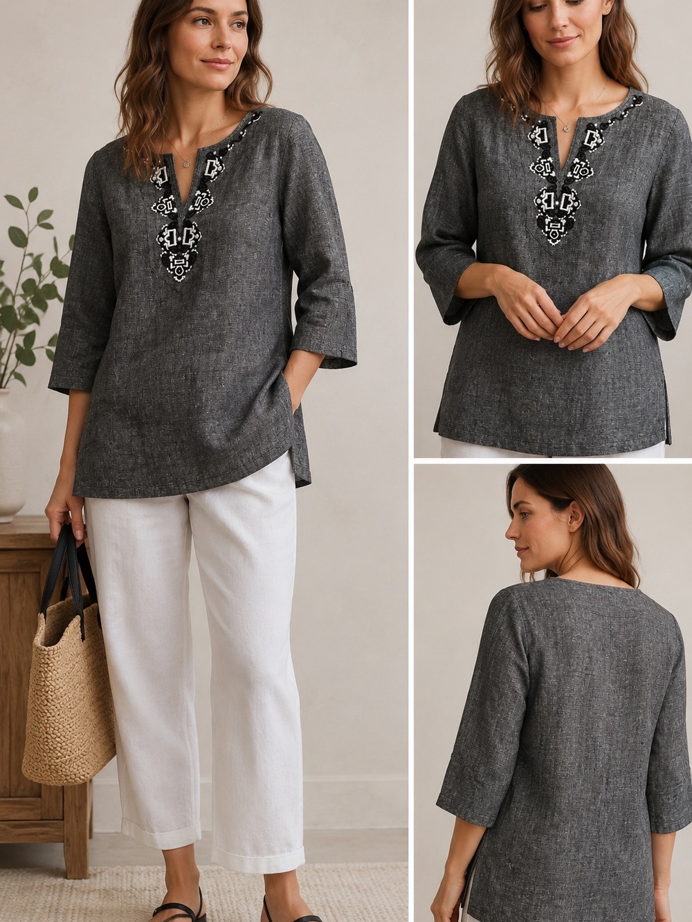 100% Linen Black Embroidered Tunic Top 3/4 Sleeve Women’s 12 Boho